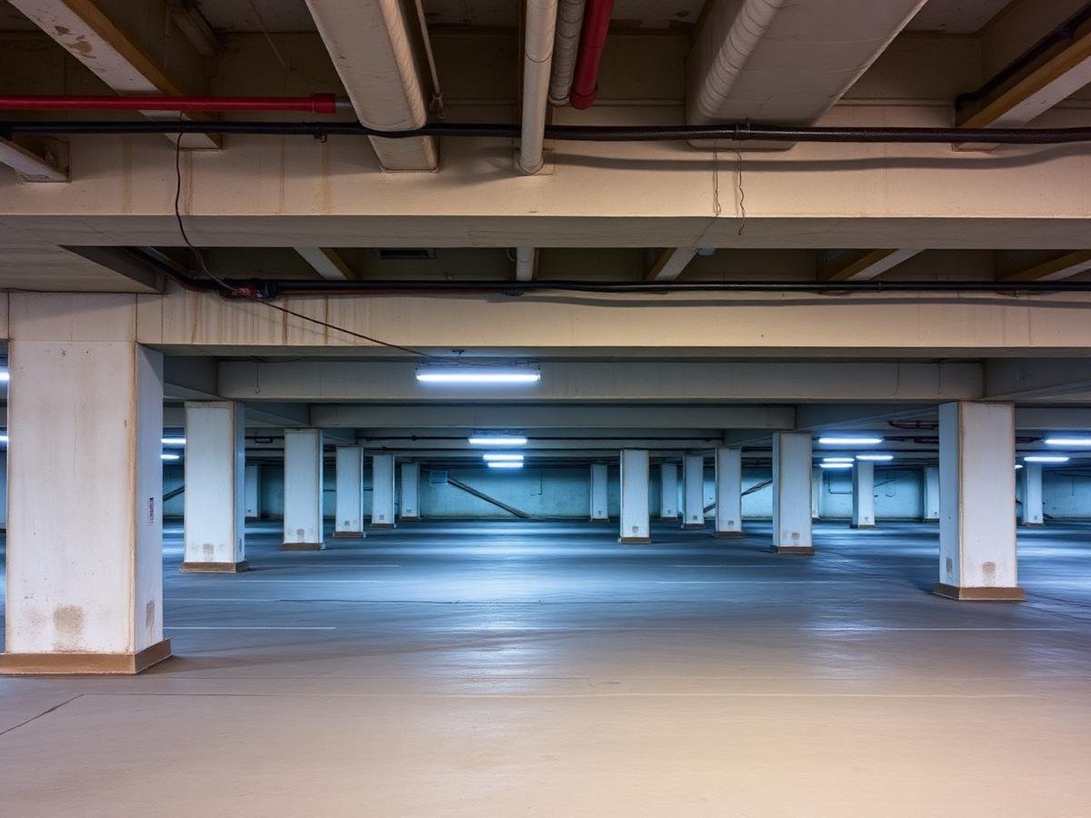 Restored concrete deck with reinstated traffic coating in a parking structure