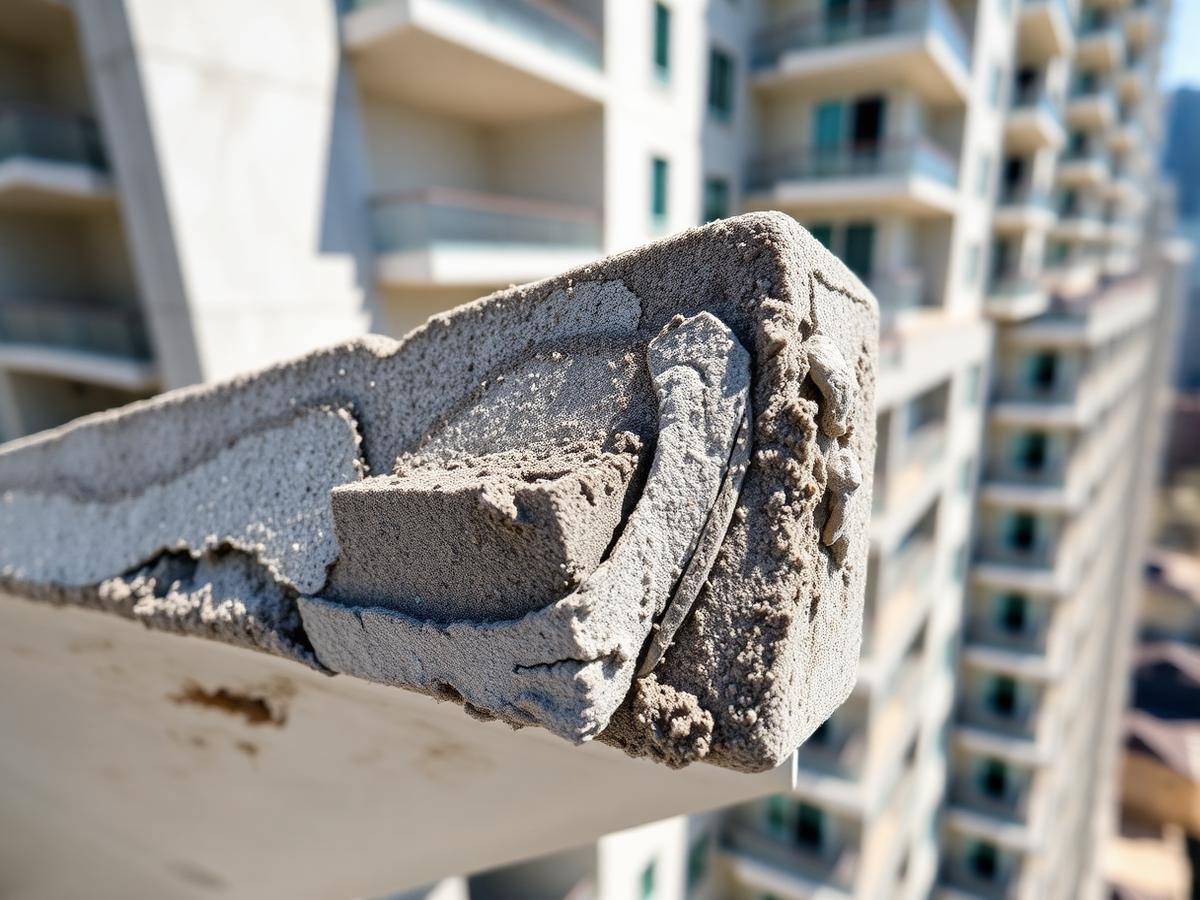 Spalled concrete balcony slab edge with exposed corroded reinforcement